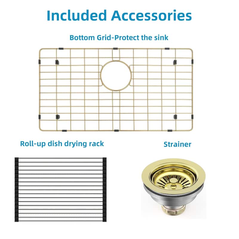 CB HOME 32'' Gold/Black/Sliver Drop in Kitchen Sink with Accessories, Undermount Single Bowl Sink with Grid&Roll up Rack&Drainer