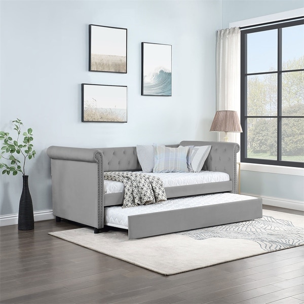 Twin Size Daybed with Trundle Upholstered Tufted Sofa Bed Bed