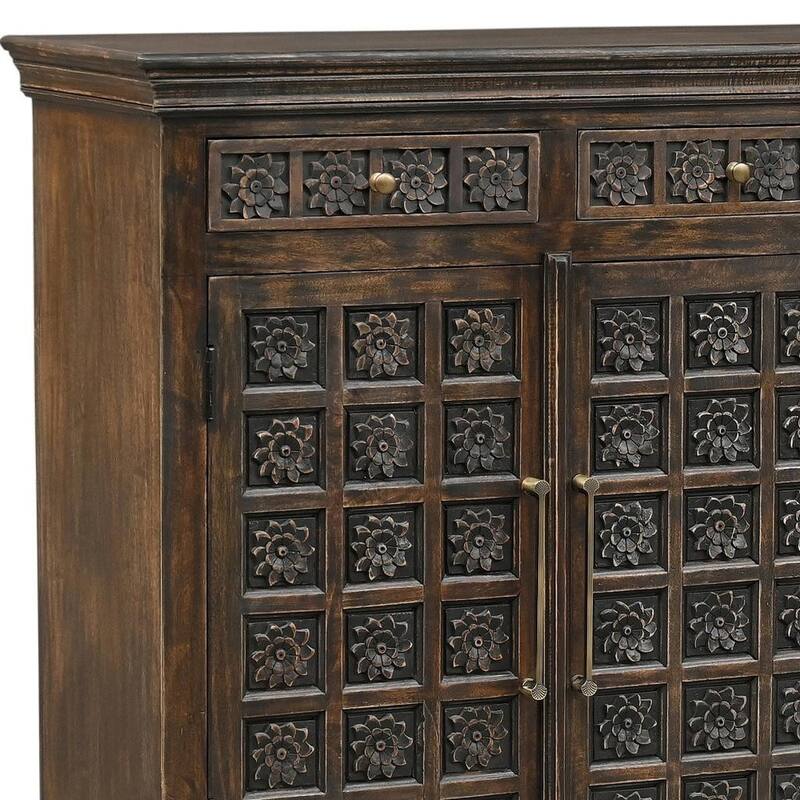 HomeRoots 107" Brown Distressed Solid Wood Carved Floral Six Drawer Sideboard with Six Doors