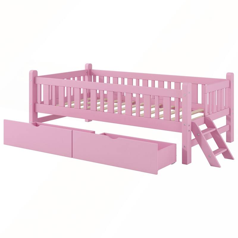 Wood Twin Size Platform Bed with Guardrail and 2 Drawers