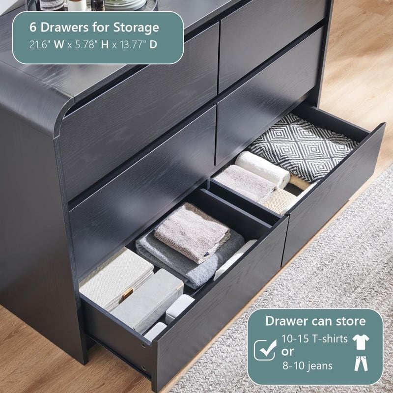 Modern 6-Tier Wooden Drawer Dresser, 47-Inch Tall with Curved Profile Design
