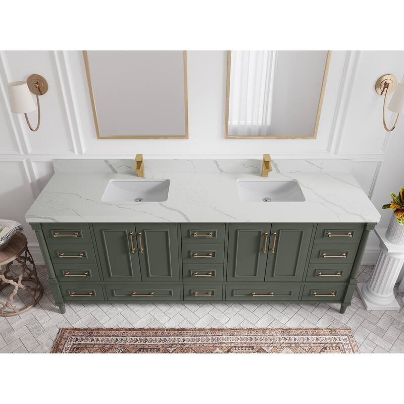 Willow Collections 84 in. W x 22 in. D Aberdeen Double Bowl Sink Bathroom Vanity in Pewter Green with Countertop - 2" Calacatta Laza - Pewter Green
