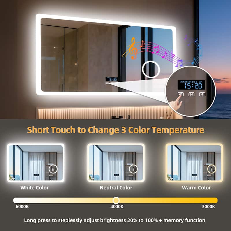 Bluetooth LED Bathroom Vanity Wall Mounted Mirror Double Speakers, 3X Magnifier, Backlit Mirror
