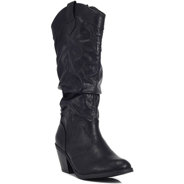 Qupid Muse-01 Western Cowboy Inspired Slouchy Mid Calf Knee High Stacked Heel...