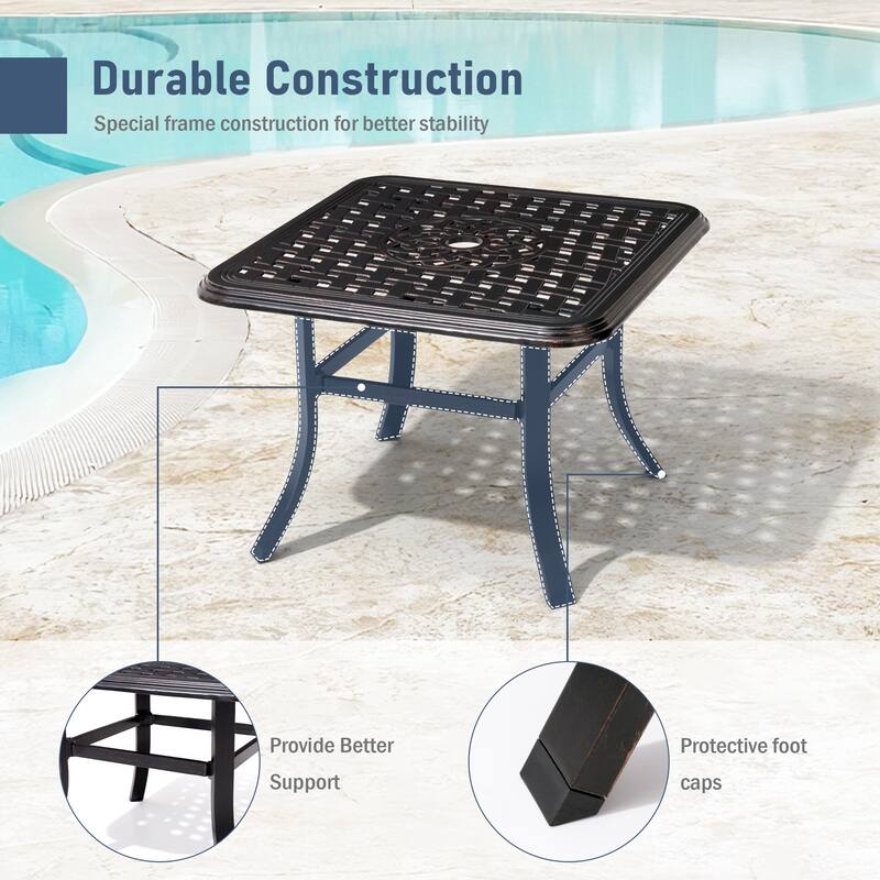 VredHom Cast Aluminum Square Side Table Outdoor with Umbrella Hole - 24.02" L x 24.02" W x 17.52" H