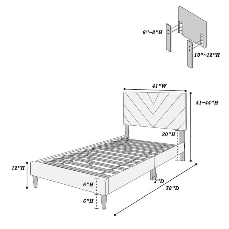 Velvet Upholstered Adjustable Headboard Twin Bed with V-stitching Design