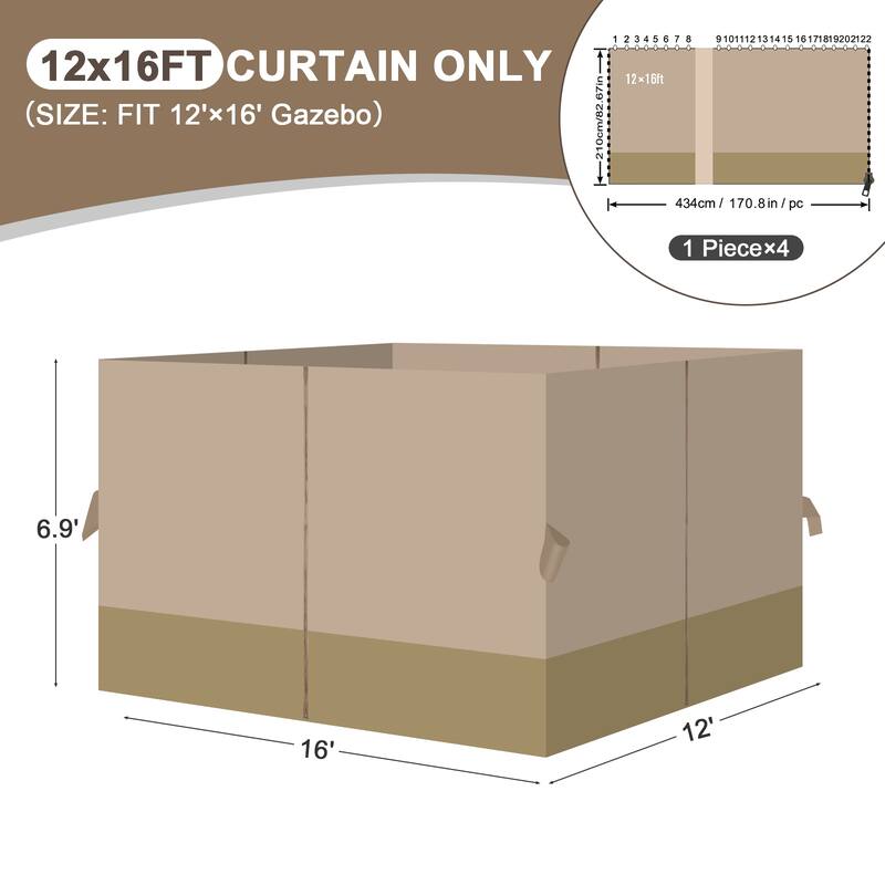 Aoodor 12x16 ft Outdoor Gazebo Curtains, 4 Panels Waterproof Privacy Sidewall Replacement with Zipper
