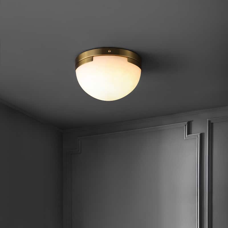 SAFAVIEH Couture Eddie Alabaster Flush Mount - 8"W x 8"D x 5"H - Brass/Off White