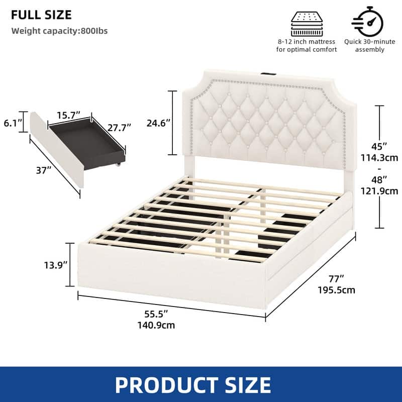 Moasis Lamb Wool Bed Frame with 2 Drawer, Adjustable Headboard with Charging Station and LED Lights