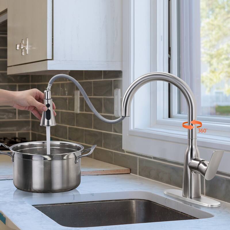 WOWOW 3-Functions Single-Handle Pull Down Sprayer Kitchen Faucet