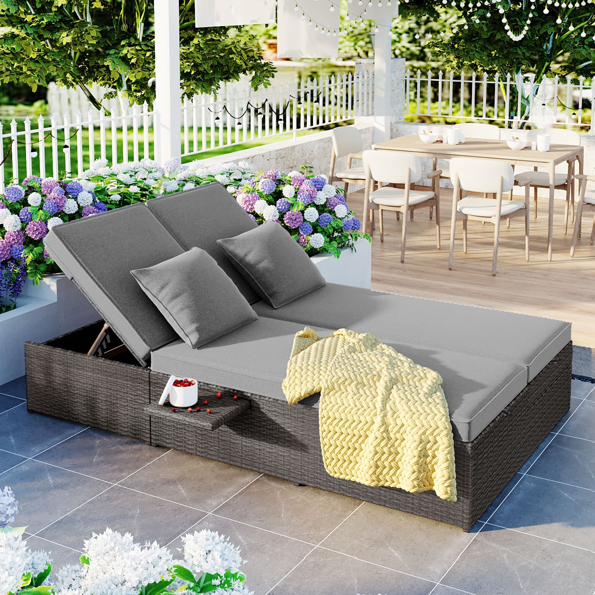 Outdoor Double Sunbed Wicker Rattan Patio Reclining Chairs with Adjustable Backrest Seat Conversational Set for 2 Person Gray Bed Bath Beyond 40235212