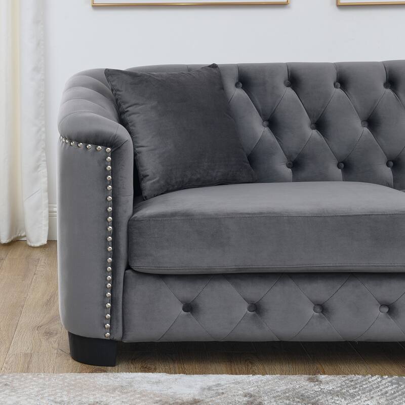 77" Velvet 3-Seater Sofa with Nailhead Arms and 2 Pillows