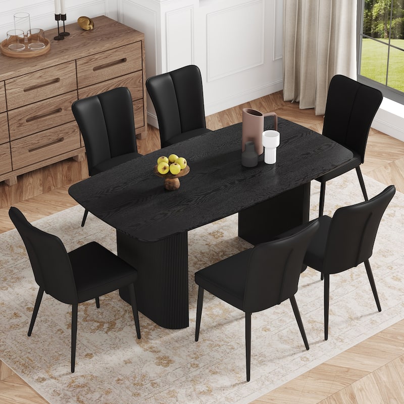 7-Piece Dining Table Set.67 * 35.4 inch wood grain MDF dining table with 6 PU chairs with a vertical stripe design - Black