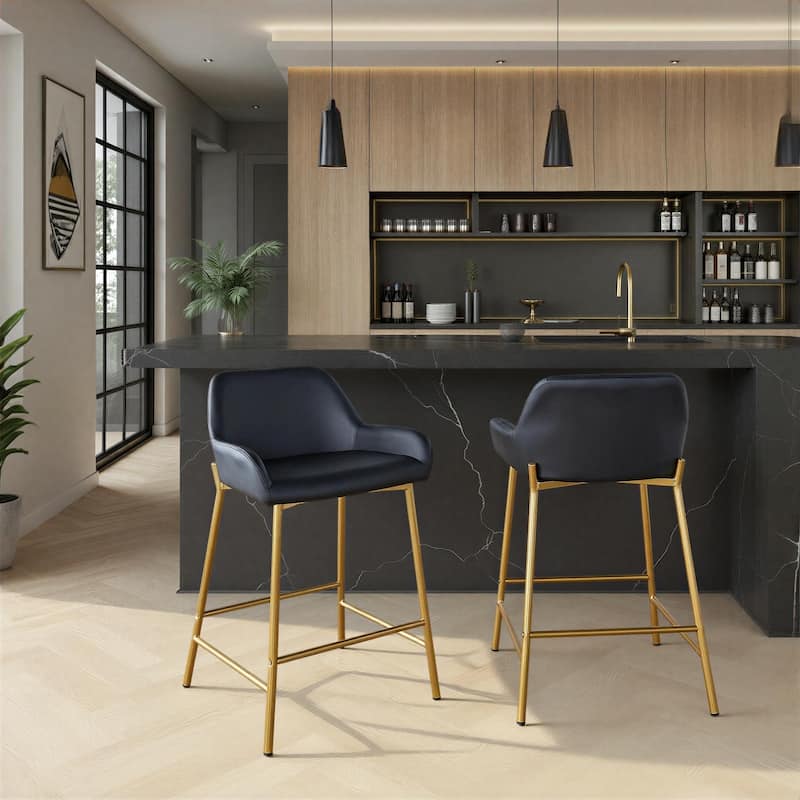Silver Orchid Galotti Gold Fixed-Height Upholstered Bar Stool - Set of 2 - Black Faux Leather