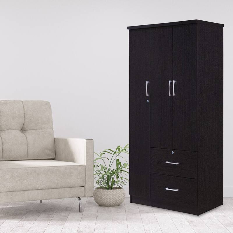 Hodedah Import 3 Door Armoire with Clothing Rod, Shelves, and 2 Drawers, Black - 187