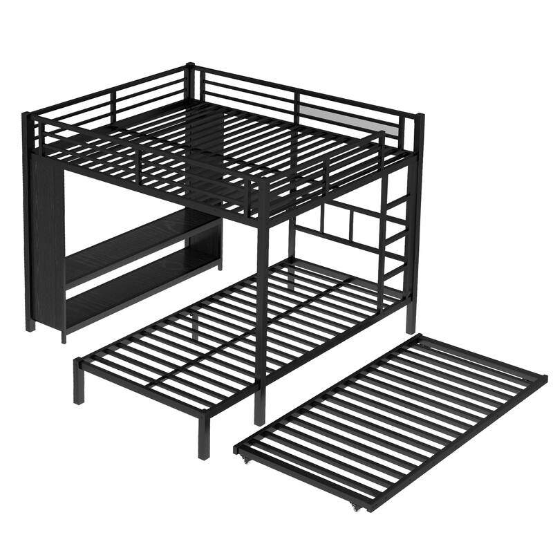 Queen over Twin Bunk Bed with Built-in Wardrobe, Metal Bunk Bed with Trundle, Foldable Desk, Ladders, Noise-reduced design