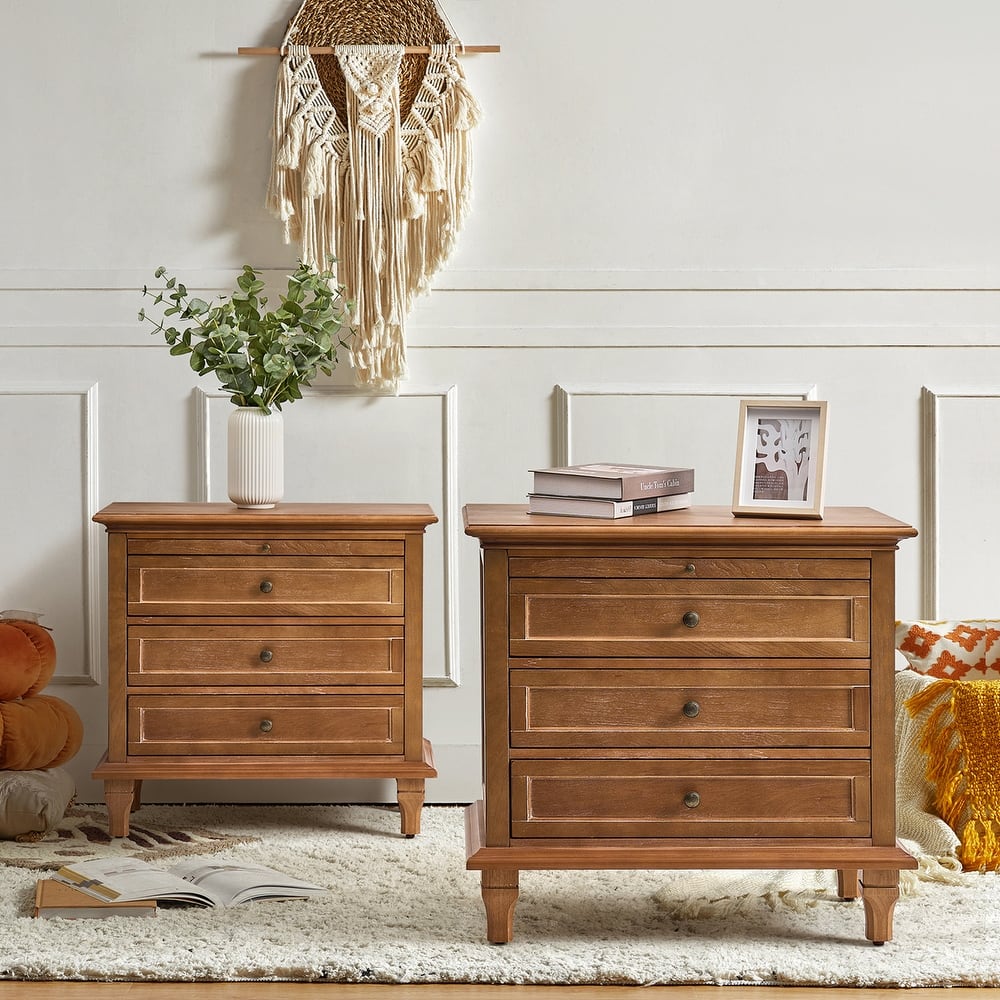 Muriel Farmhouse 3 Drawers Nightstand with Built-In Outlets Set of 2 by HULALA HOME