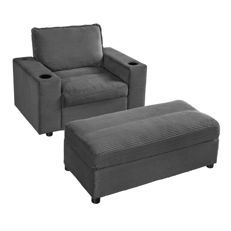 42.8" Oversized Chaise Lounge Chair with Storage Ottoman, Corduroy Sofa Bed with Cup Holders & USB Charging Port
