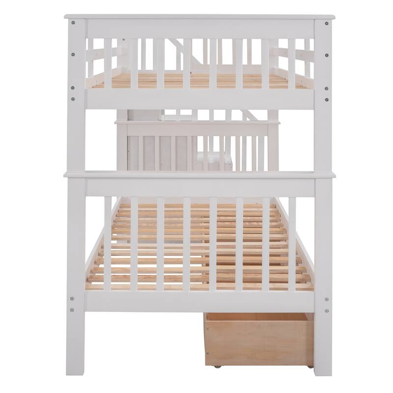 Twin Pine Stairway Bunk Bed with Drawers and Guardrails, Convertible to Two Beds