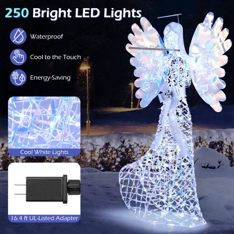 Clear-Blue Metal PVC 3D Lighted Angel with 250 LED Lights for Christmas Decor - 3 ft x 12.5" x 5.2 ft
