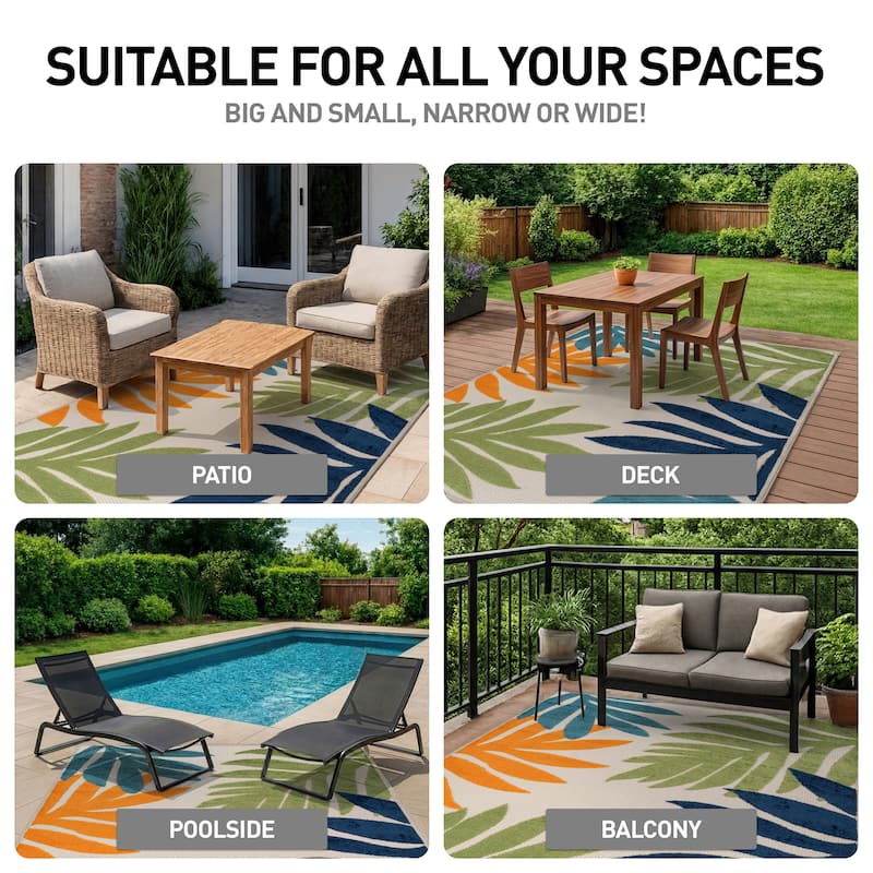 World Rug Gallery Indoor/Outdoor High-Low Textured Area Rug, Palm Easy-Clean Patio Rug