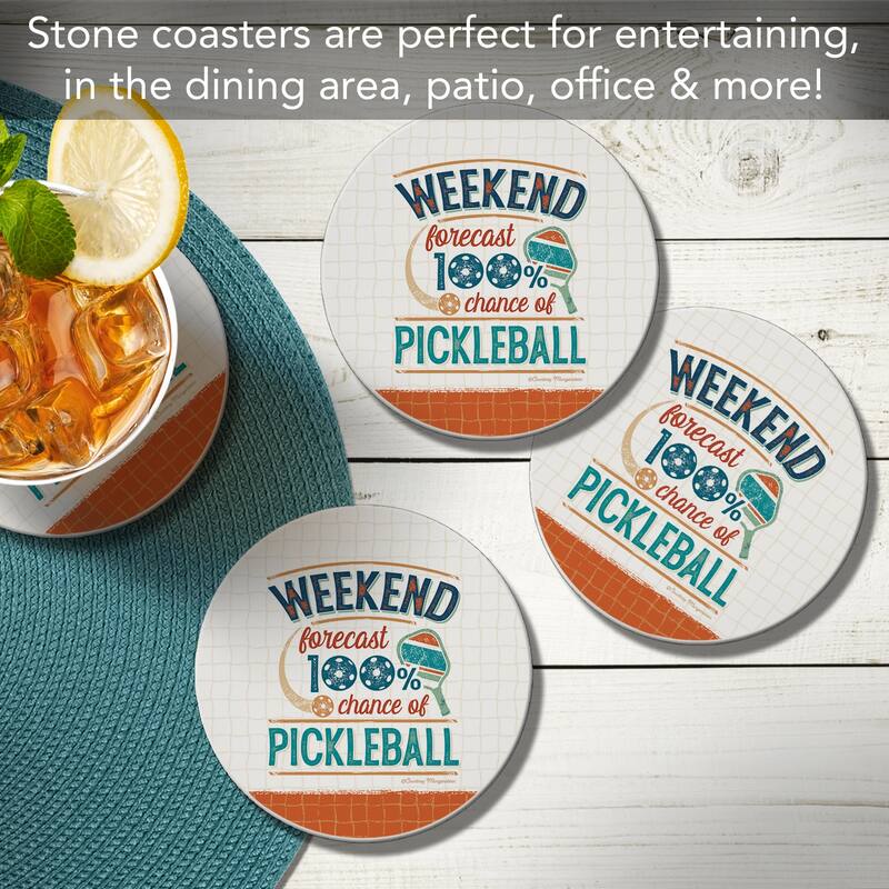 Pickleball Forecast 4 Pack Absorbent Stone Coasters with Protective Cork Backing Made in The USA Absorbent Easily Wipes Clean