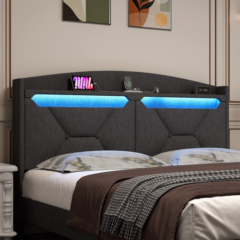 Gray Queen Size Modern Platform Bed with LED Lights and Storage Headboard