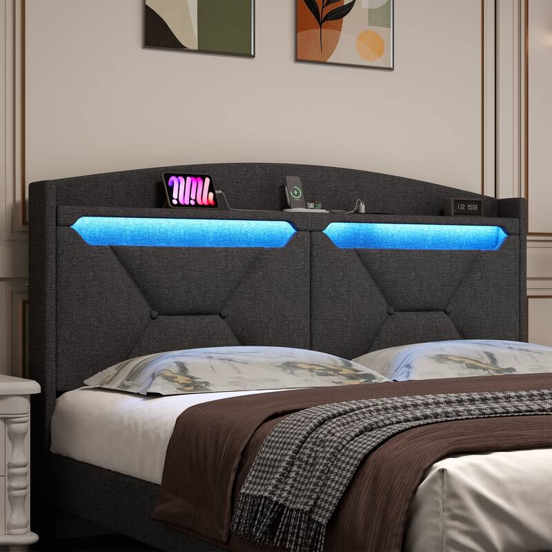 Modern Platform Bed with LED Lights and Storage Headboard