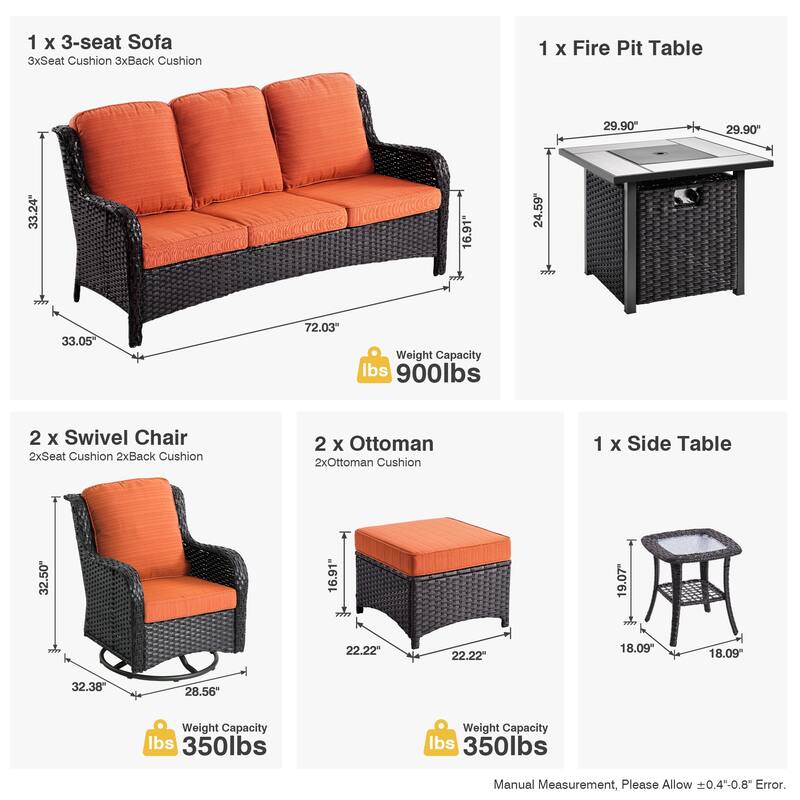 OVIOS 7-piece Patio Swivel Chair Set with 30" Fire Pit