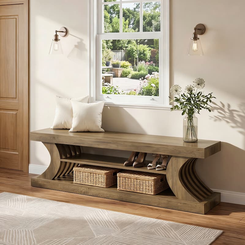 63" Entryway Bench, End of Bed Bench with Open Shelves, Shoe Storage Bench for Bedroom, Foryer, Hallway