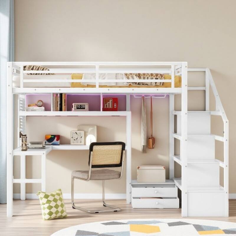 Full Size Metal Loft Bed with LED Lights, Charging Station, Desk, Pegboard, Wardrobe & Storage Staircase - White