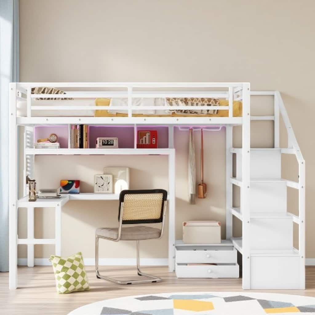 Full Size Metal Loft Bed with LED Lights, Charging Station, Desk, Pegboard, Wardrobe & Storage Staircase
