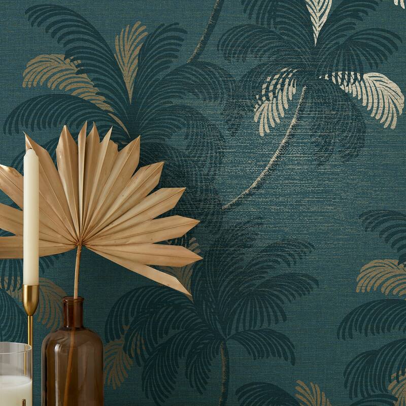 Fine Decor Jones Teal Palm Tree Wallpaper