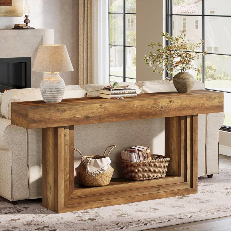 63" Console Table, 2-Tier Long Entryway Table with U-Shaped Base for Living Room Hallway Entrance