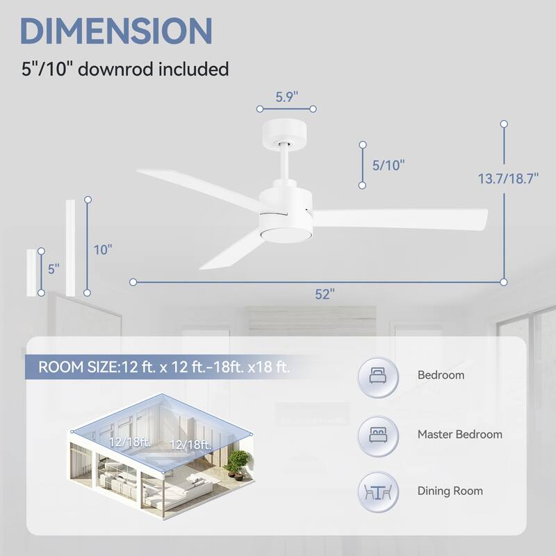 52-inches 3-Blade Ceiling Fan With Remote Downrod