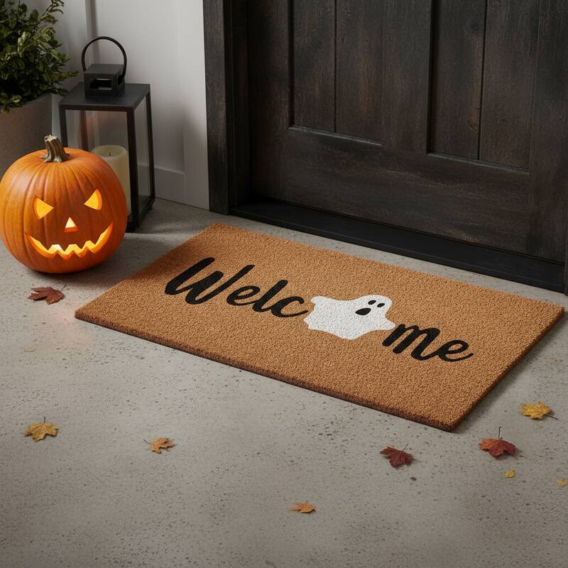 HomeRoots 24" X 36" Natural Black And White Ghost Halloween Welcome Outdoor Coir Door Mat - 24.00' X '36.00 - 24.00' X '36.00