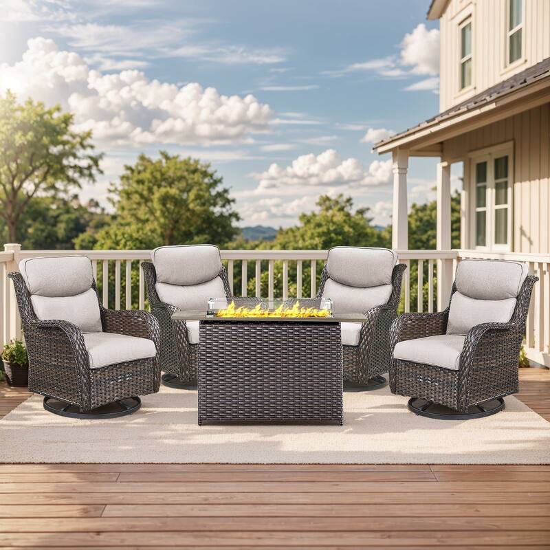 Outdoor Gliders Chairs with Fire Pit Table with 5-Inch Thick Cushions - Brown Rattan - Beige Cushion - 5PCS Swivel Chair w/ Rectangular Fire Table