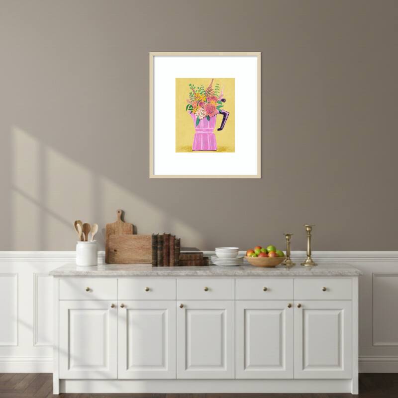 Espresso Maker with Flowers by Raissa Oltmanns Wood Framed Wall Art Print