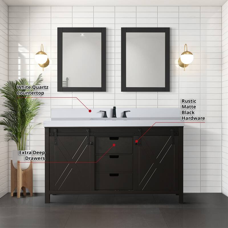 Marsyas 60 in W x 22 in D White Double Bath Vanity, Grey Quartz Countertop and 24 in Mirrors