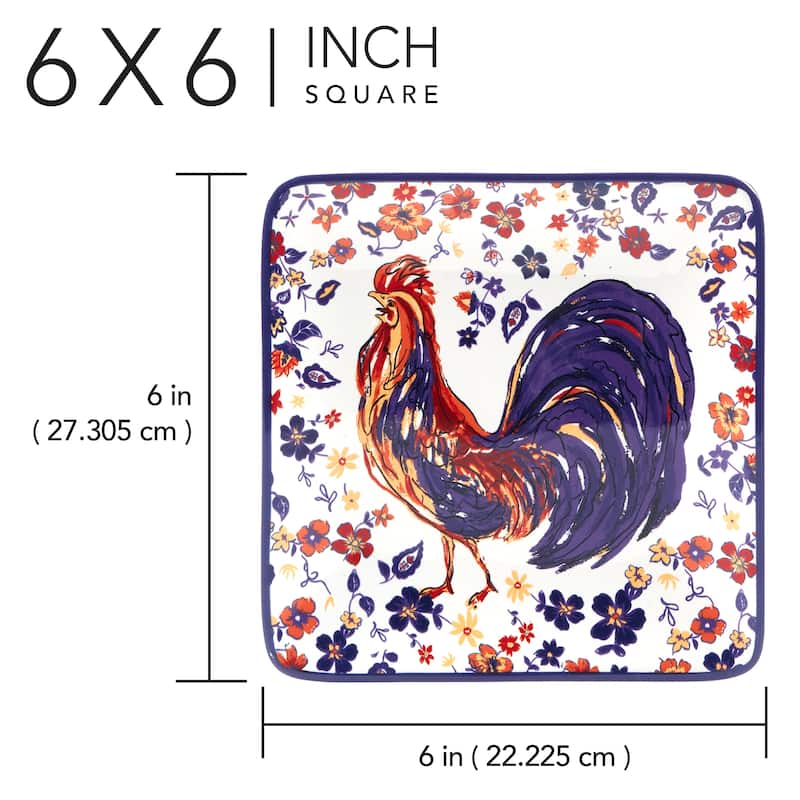 Certified International Morning Rooster Set of 4 Canape Plates - 6" x 6" x .75"