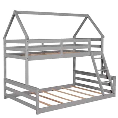 Twin Over Full Wood Bunk Bed w/Ladder & Safety Guardrails, Can be Divided Into Two Beds, Wooden Bunk Bed Frame for Kids Bedroom