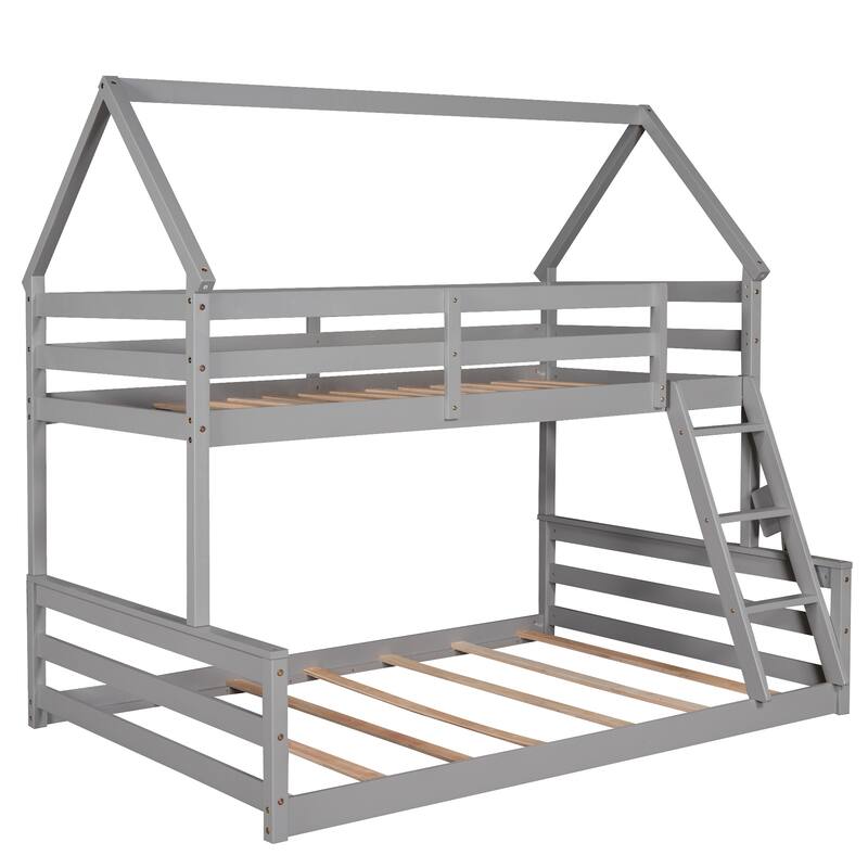 Twin Pine House Bunk Bed with Ladder and Guardrail