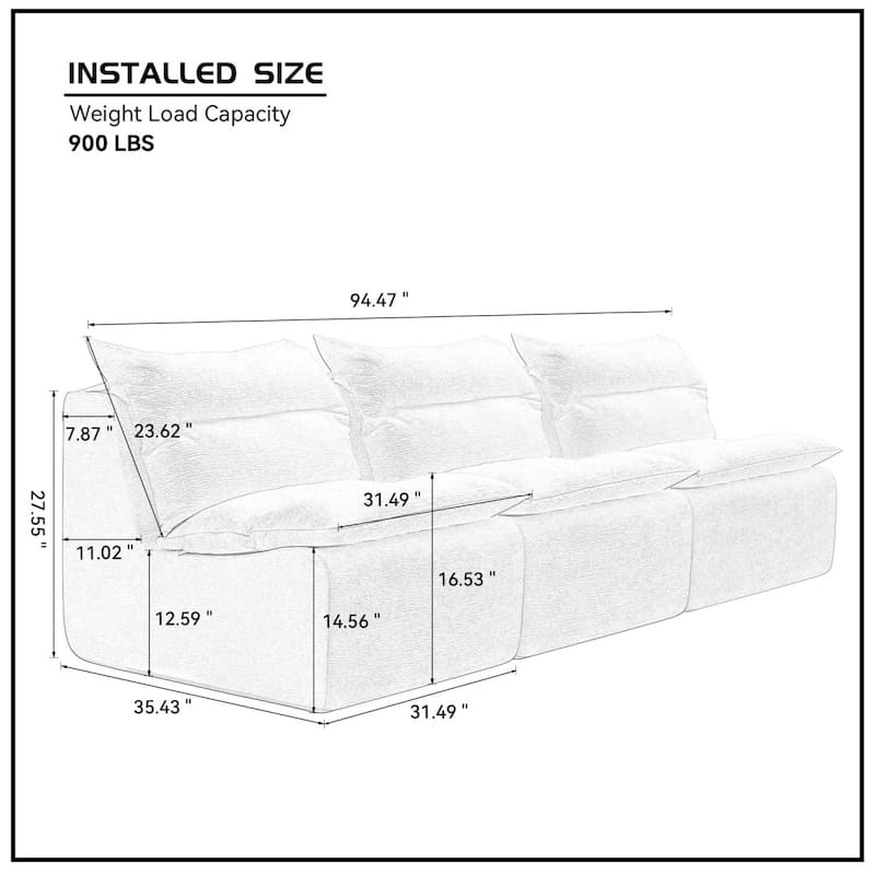 94.47" 3-Seat Modular Compressed Sectional Chair Sofa With Backrest