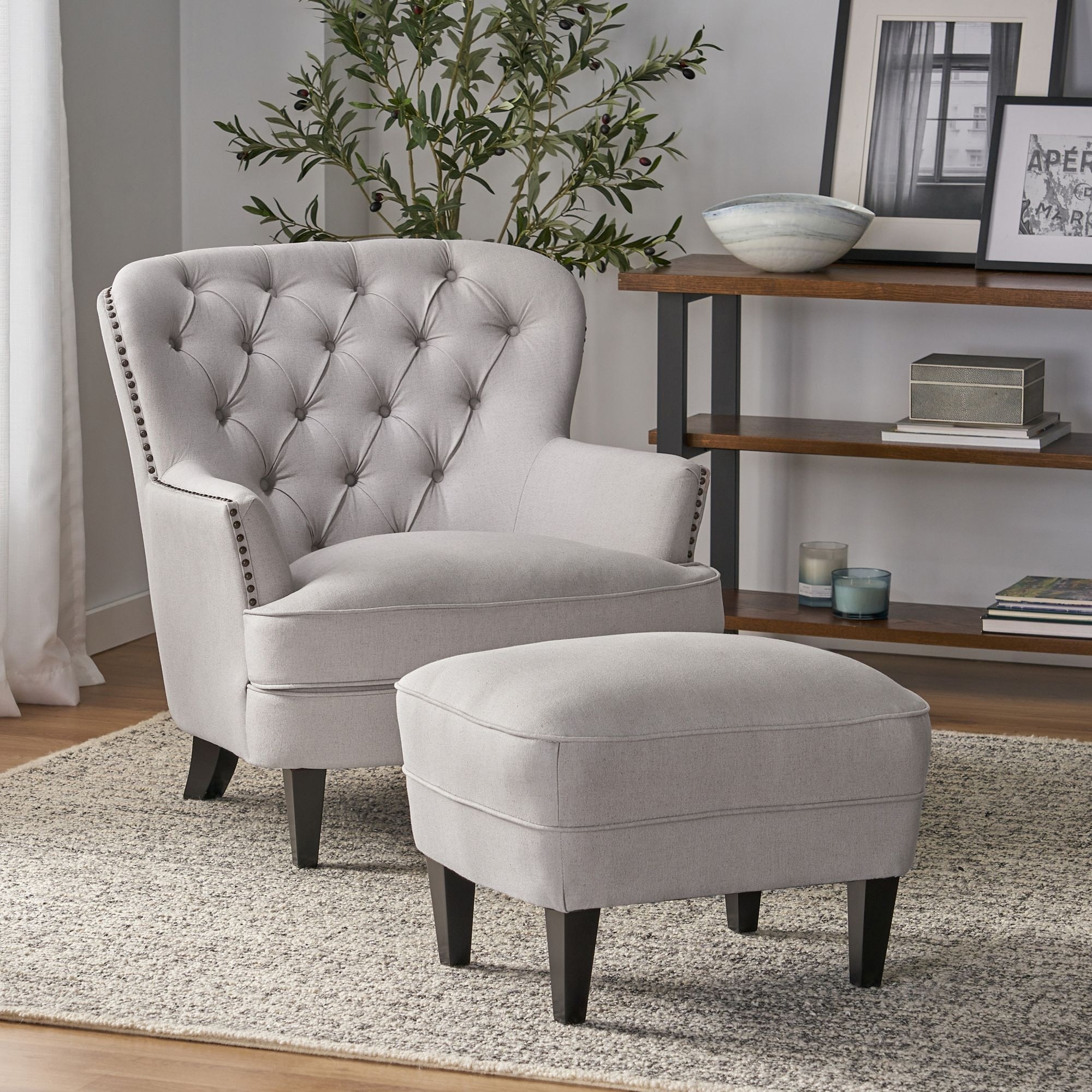 Fabric Club Chair Armchair w Ottoman Tufted Wingback Chairs Light Gray