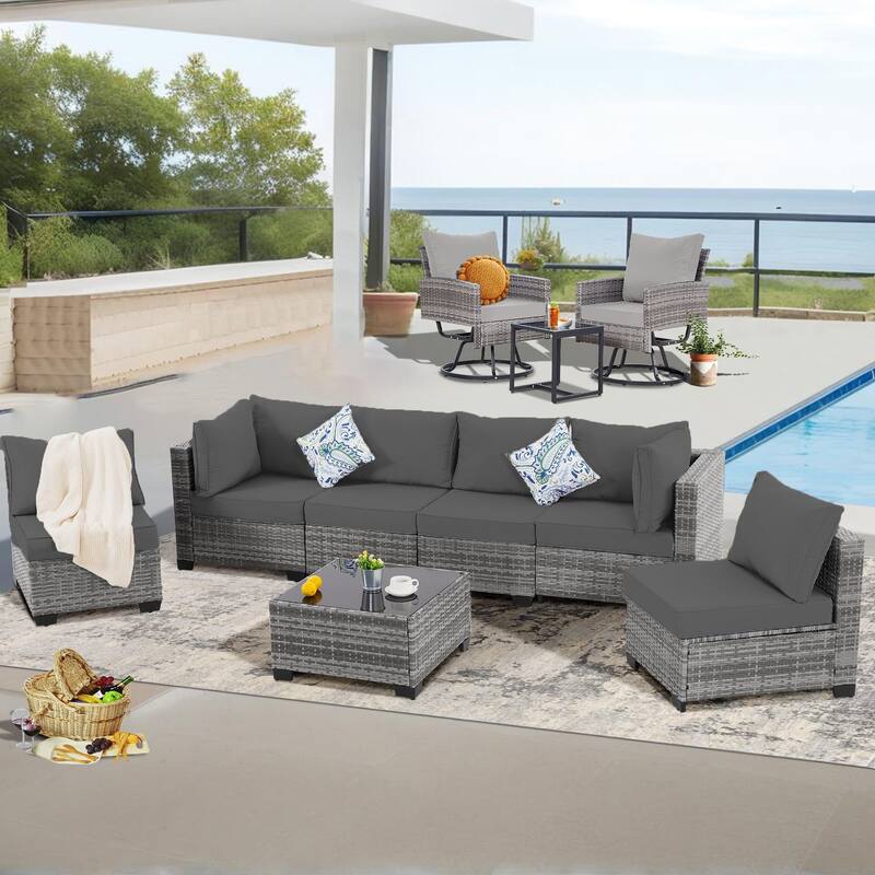 10-Piece Gray Wicker Patio Conversation Set,6 Sofas, 2 Swivel Chairs,2 Table