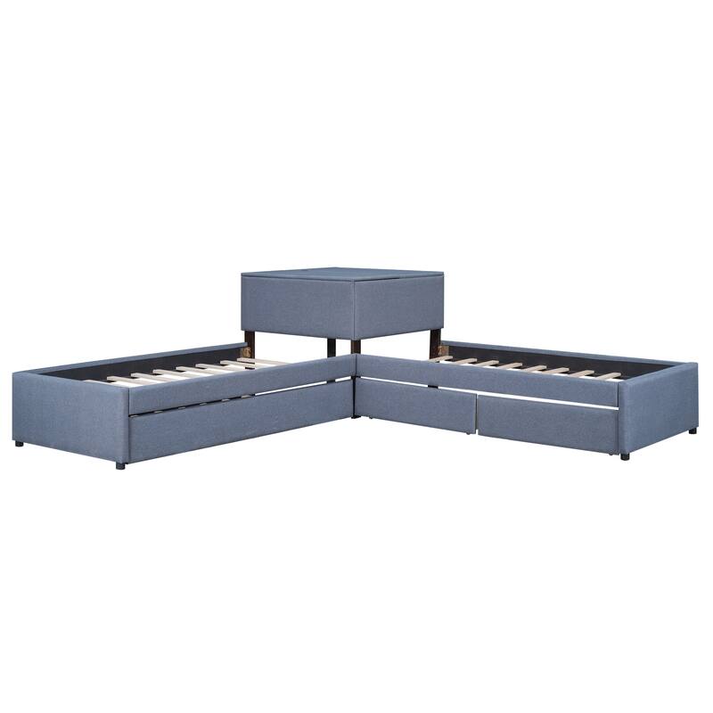 Space-Saving L-Shaped Twin Bed with Trundle, Storage Drawers, and Built-in Table