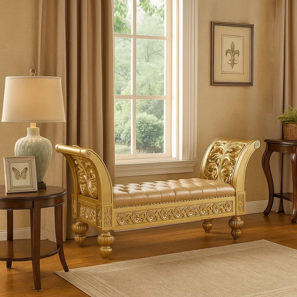 Bench with Button Tufted Seat and Hollow Floral Carving, Gold