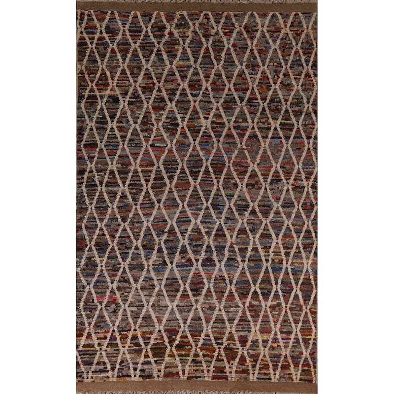 Hand Knotted Oriental 100% Wool Carpet Modern All-Over Black Moroccan Area Rug - 9' 7'' X 6' 3''