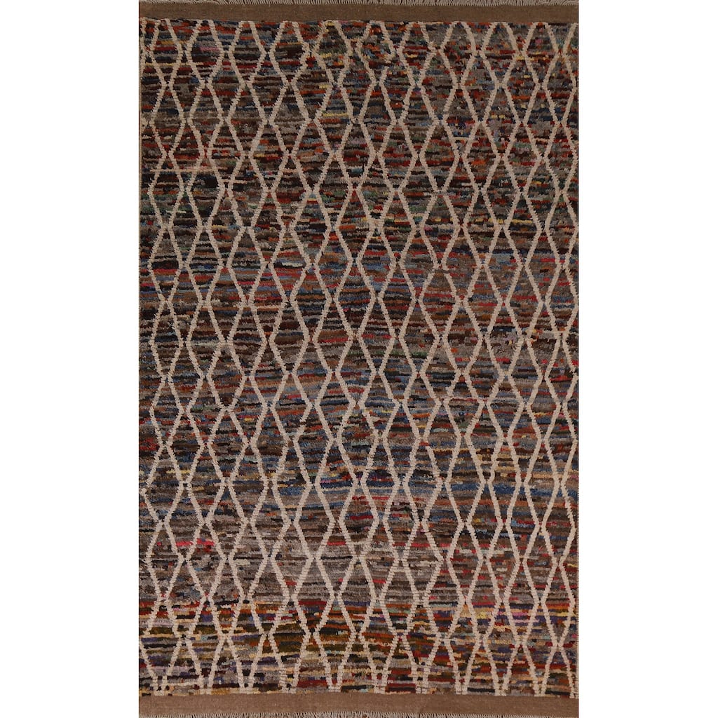 Hand Knotted Oriental 100% Wool Carpet Modern All-Over Black Moroccan Area Rug - 9' 7'' X 6' 3''