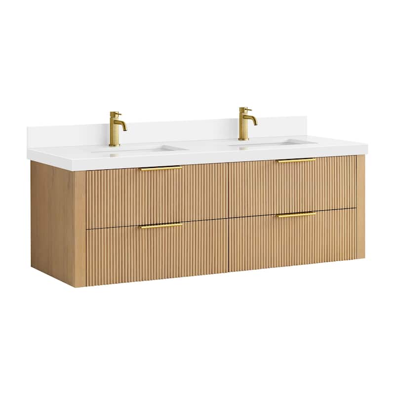 Barcelona Floating Bath Vanity with Quartz Stone Top without Mirror - 60" - Washed Ash Grey